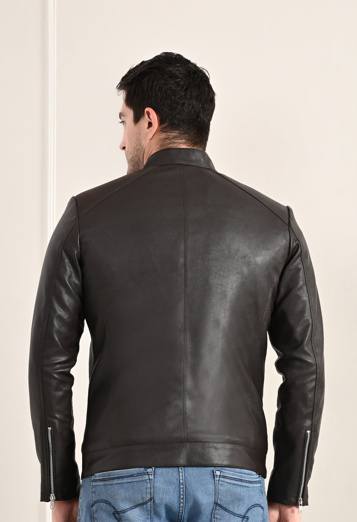 Stand Collar Long Sleeves Classic Look Lightweight Black Leather Jacket – view 5