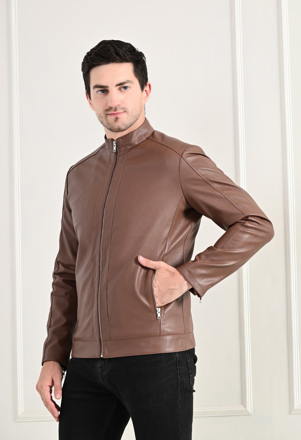 Stand Collar Long Sleeves Classic Look Lightweight Tan Leather Jacket – view 2