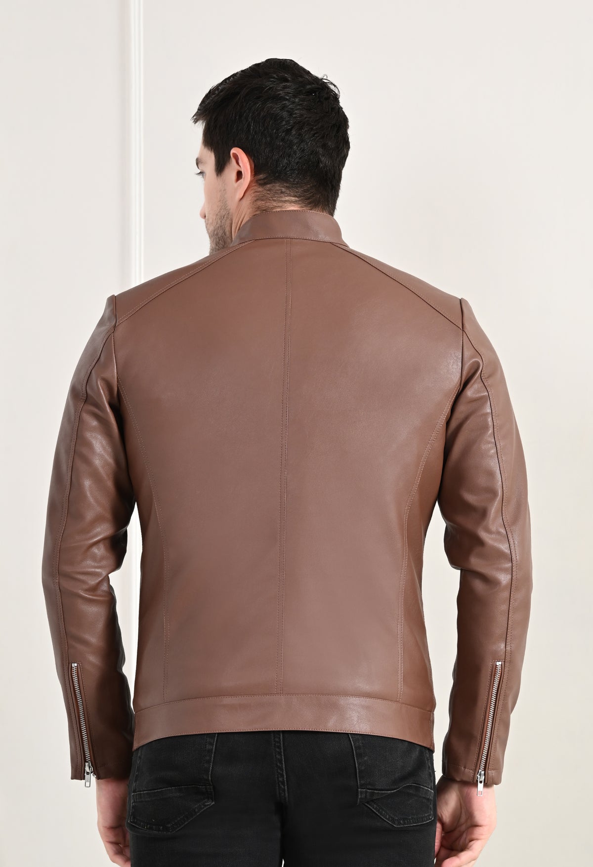 Stand Collar Long Sleeves Classic Look Lightweight Tan Leather Jacket – view 4
