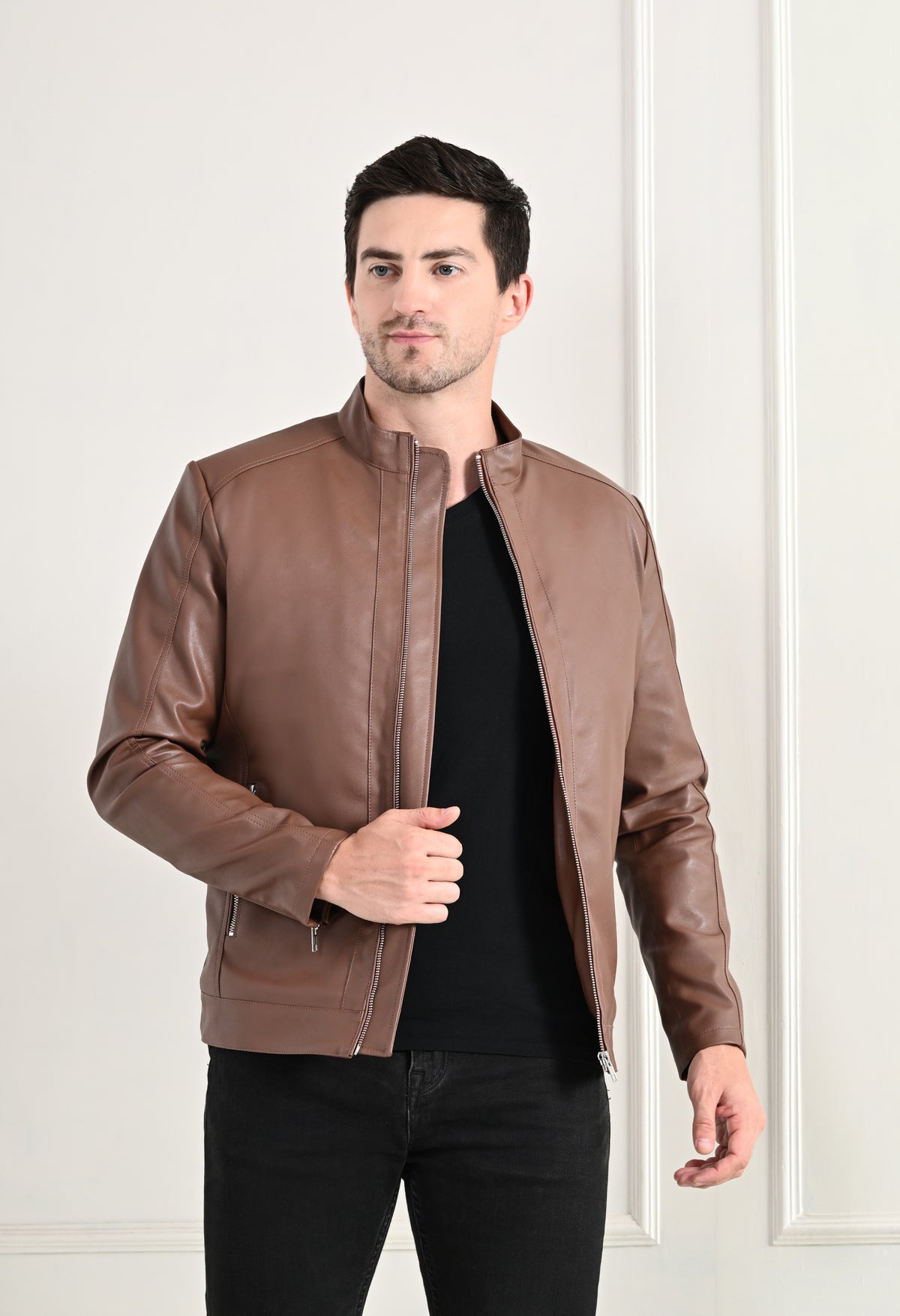 Stand Collar Long Sleeves Classic Look Lightweight Tan Leather Jacket – view 5