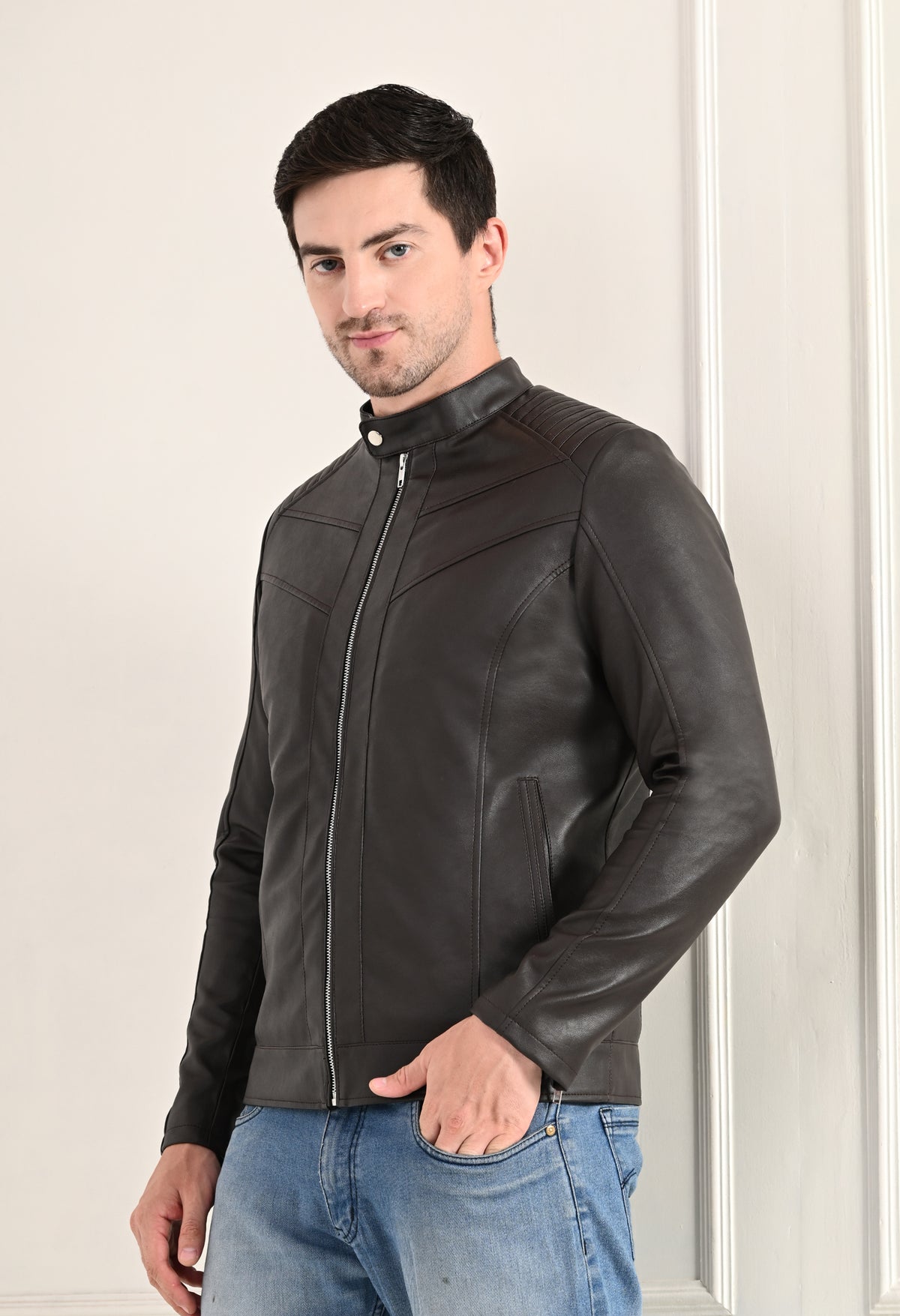 Mandarin Collar Leather Anti Odour Brown Jacket for Men – view 2