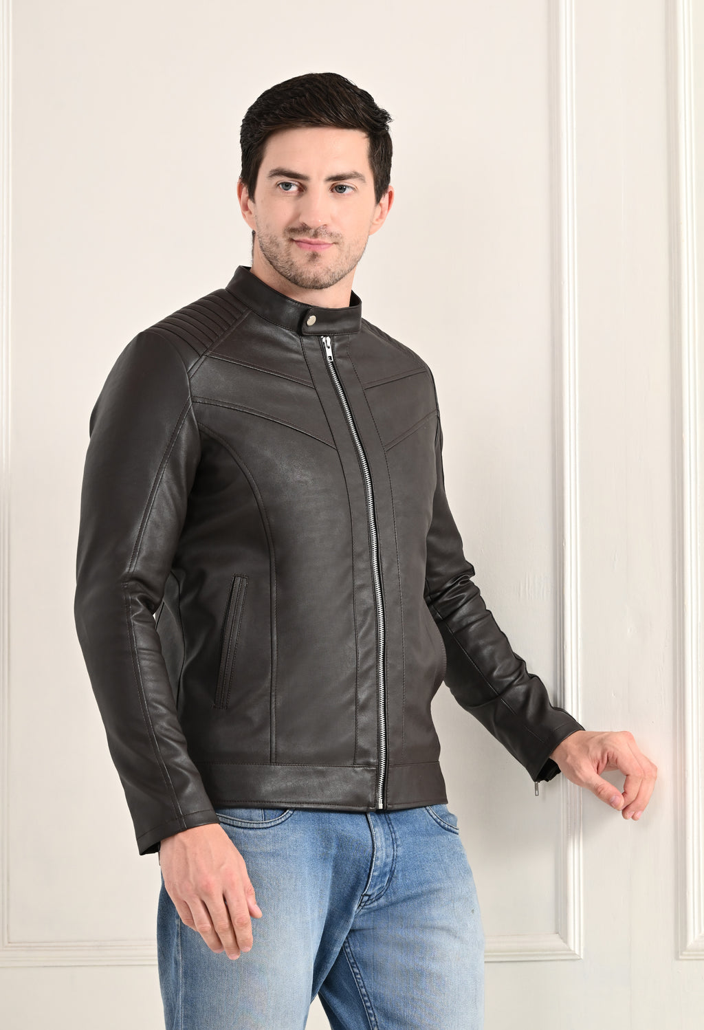 Mandarin Collar Leather Anti Odour Brown Jacket for Men – view 3