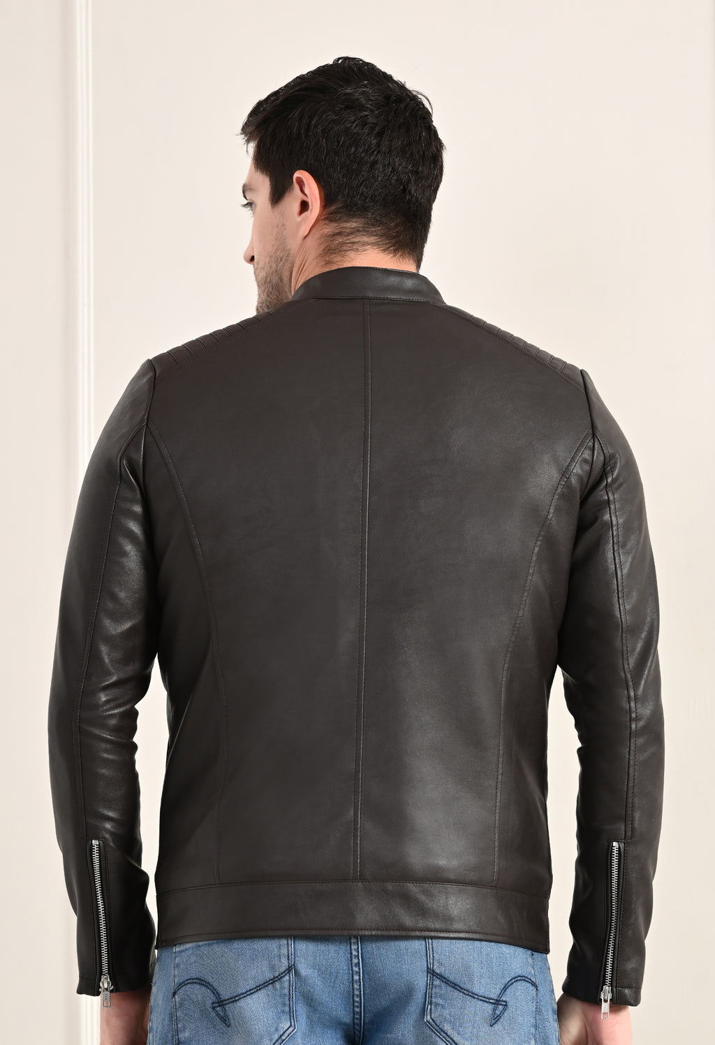 Mandarin Collar Leather Anti Odour Brown Jacket for Men – view 4