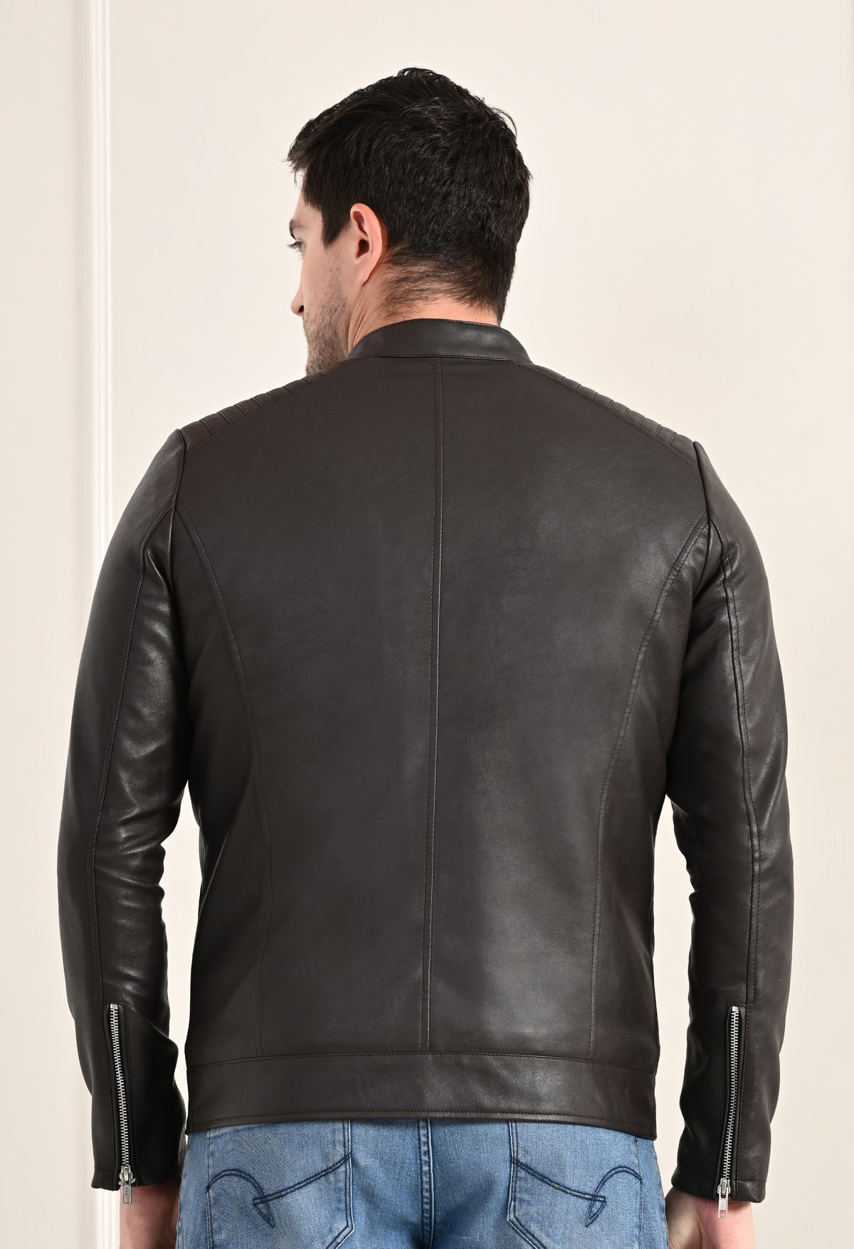 Mandarin Collar Leather Anti Odour Brown Jacket for Men – view 4