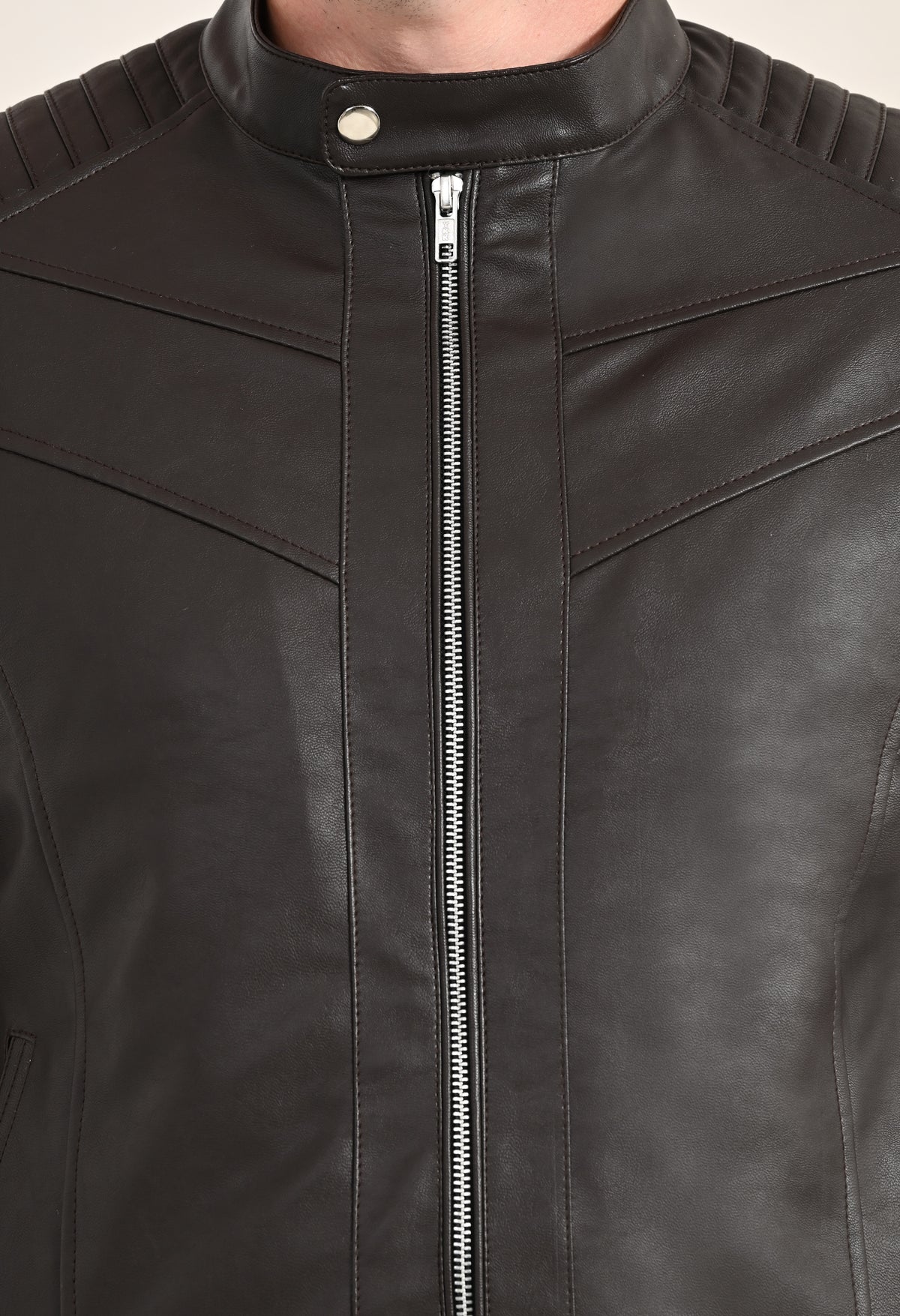 Mandarin Collar Leather Anti Odour Brown Jacket for Men – view 5