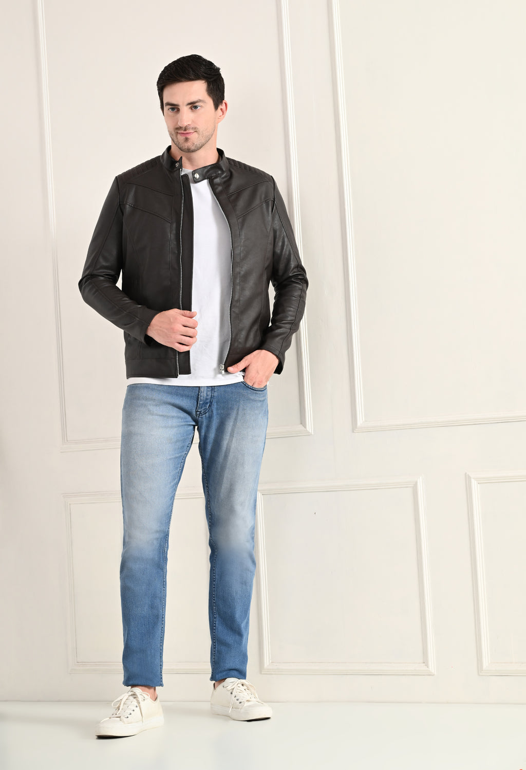 Mandarin Collar Leather Anti Odour Brown Jacket for Men – view 6