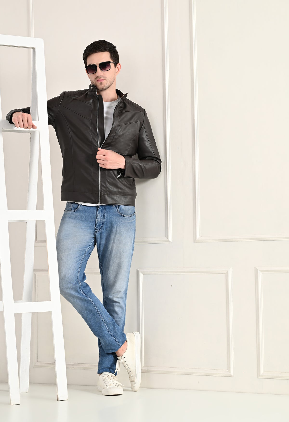 Mandarin Collar Leather Anti Odour Brown Jacket for Men – view 7