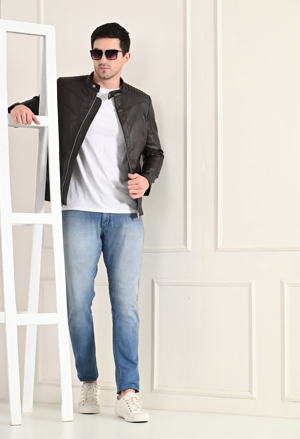 Mandarin Collar Leather Anti Odour Brown Jacket for Men – view 8