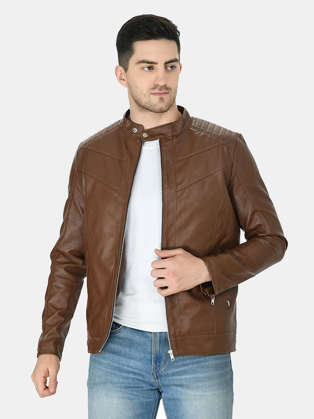 Mandarin Collar Leather Anti Odour Tan Jacket for Men – view 3