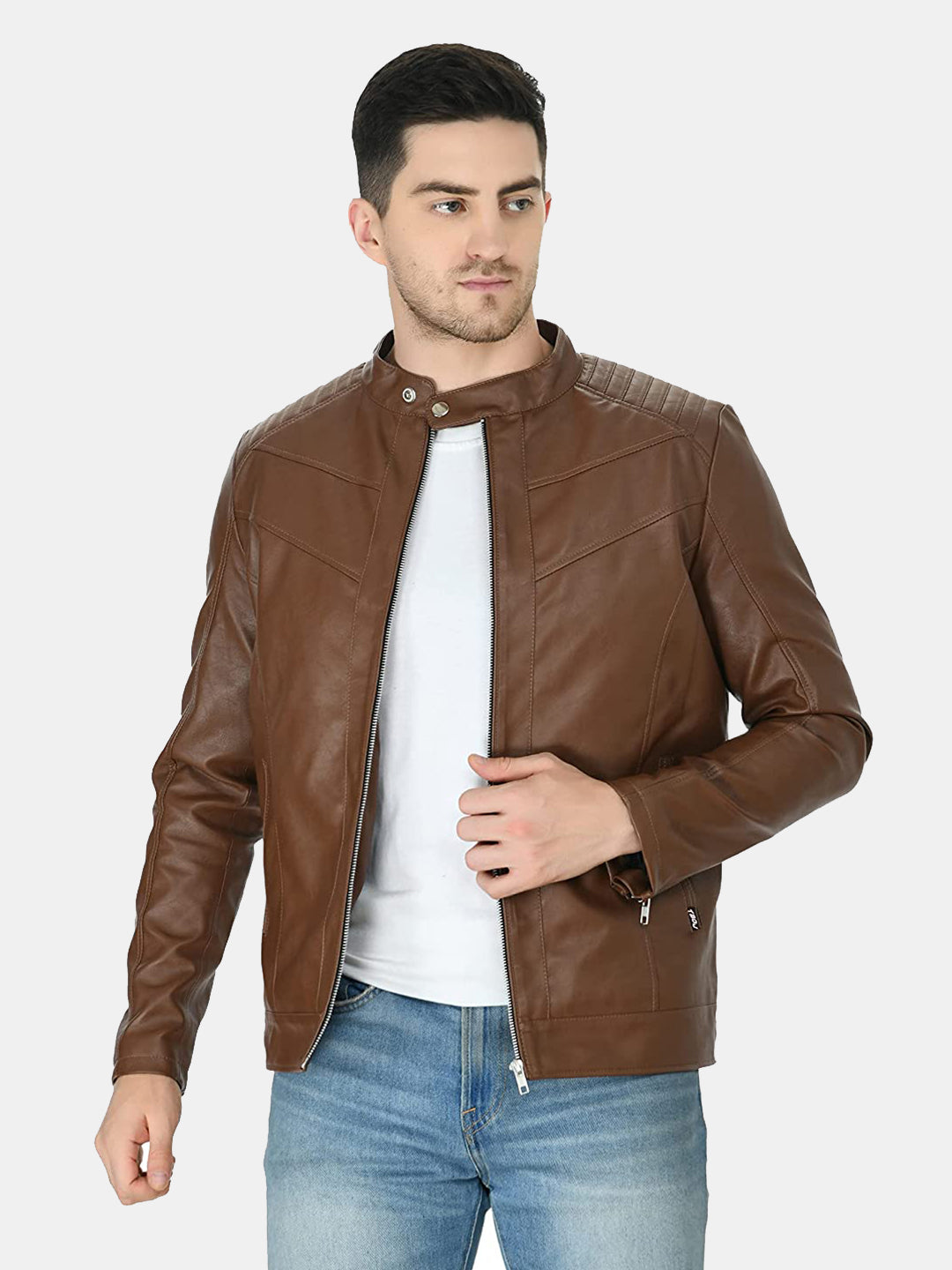Mandarin Collar Leather Anti Odour Tan Jacket for Men – view 3