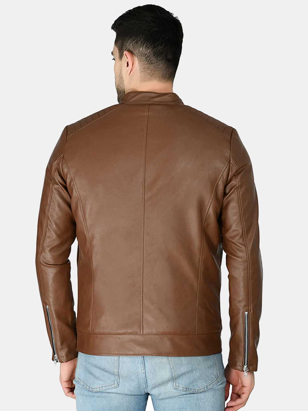 Mandarin Collar Leather Anti Odour Tan Jacket for Men – view 4