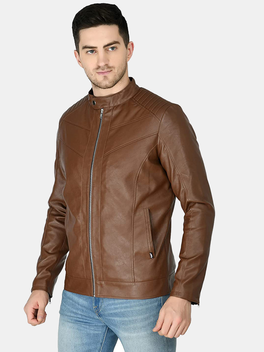 Mandarin Collar Leather Anti Odour Tan Jacket for Men – view 5