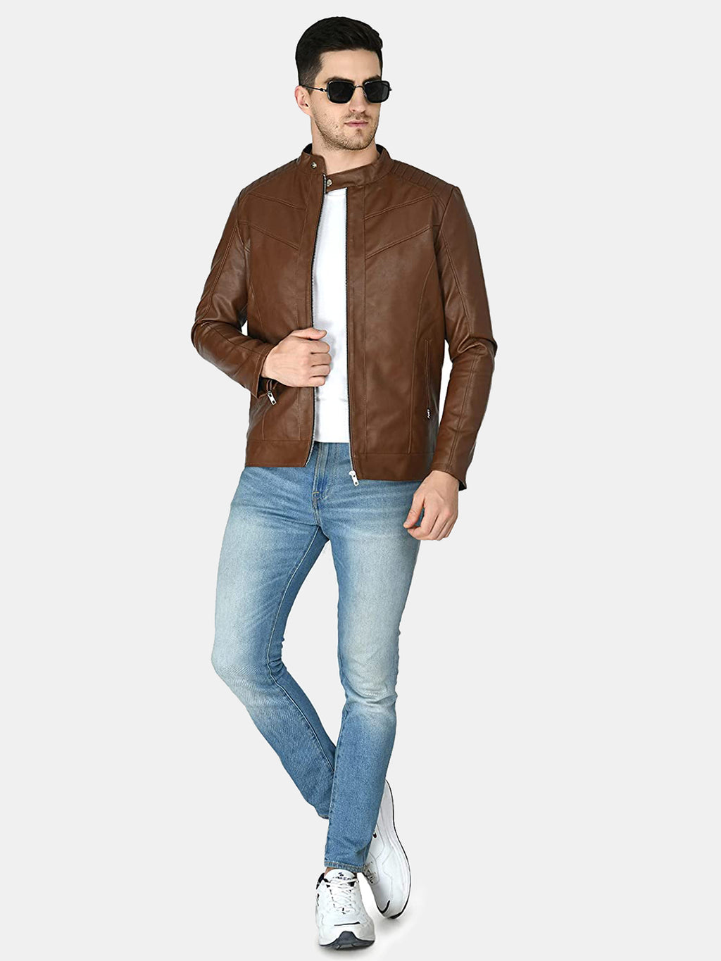 Mandarin Collar Leather Anti Odour Tan Jacket for Men – view 6