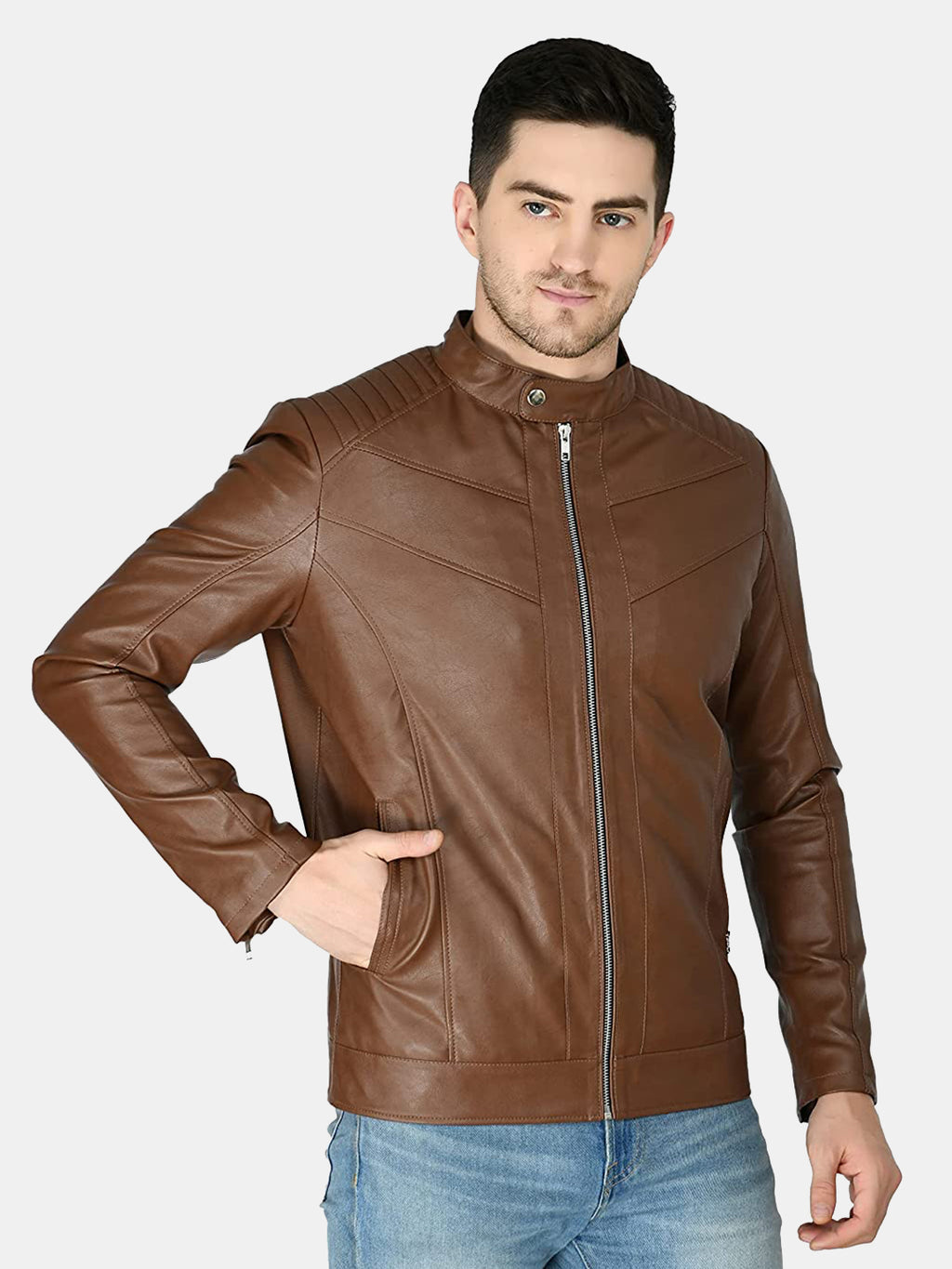 Mandarin Collar Leather Anti Odour Tan Jacket for Men – view 7
