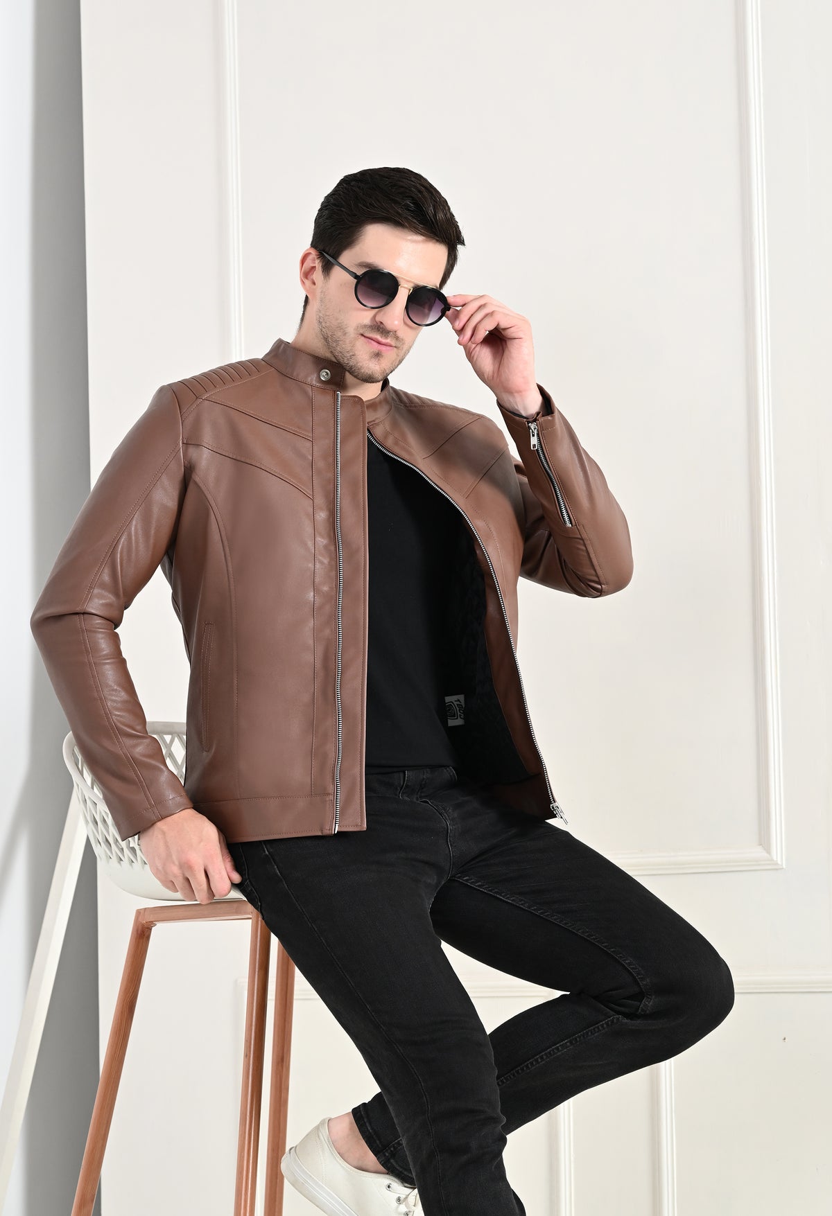 Mandarin Collar Leather Anti Odour Tan Jacket for Men – view 2