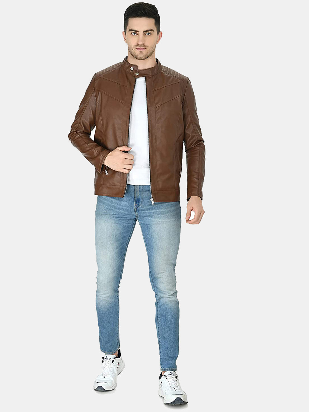 Mandarin Collar Leather Anti Odour Tan Jacket for Men – view 8