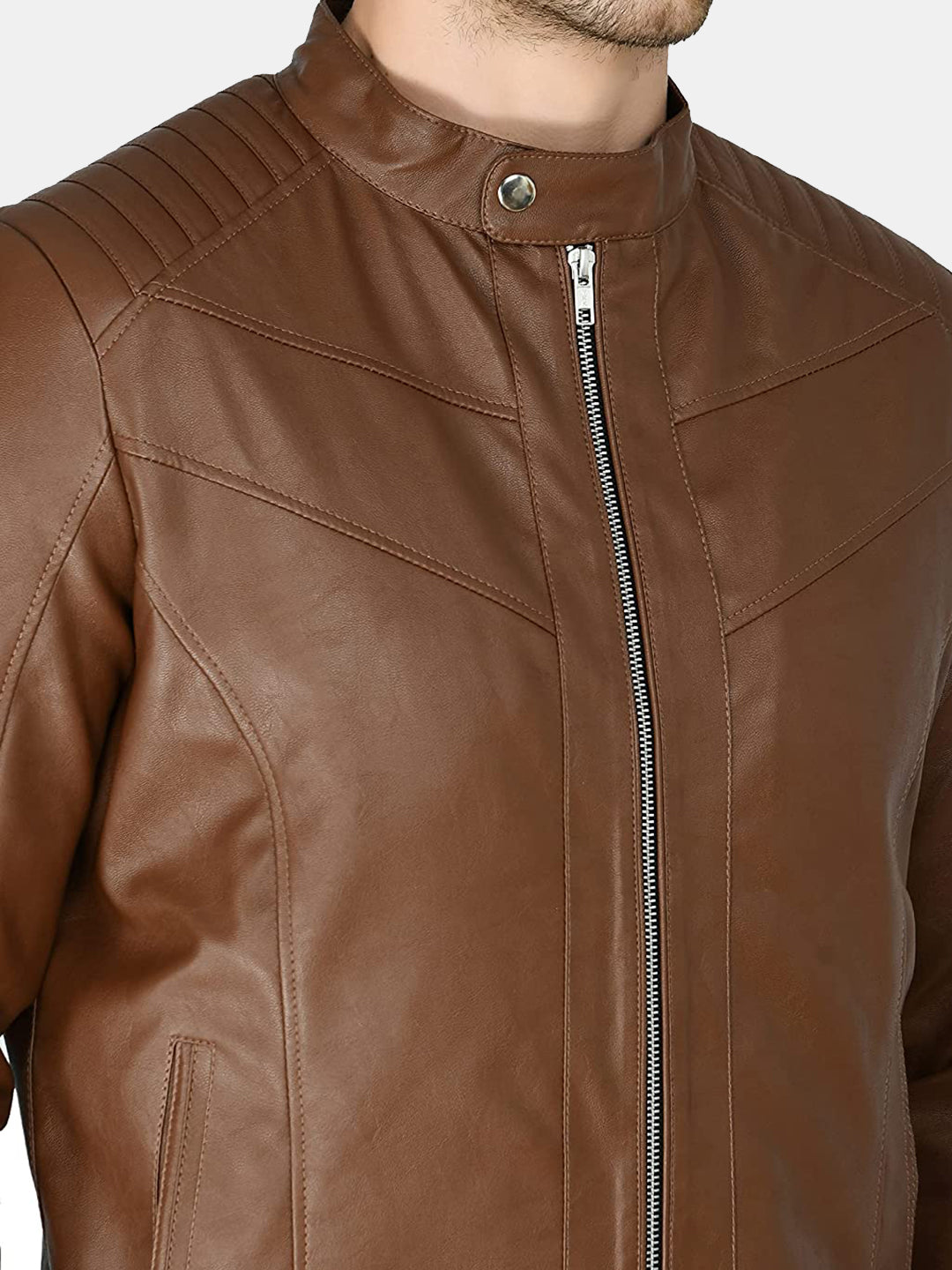 Mandarin Collar Leather Anti Odour Tan Jacket for Men – view 9