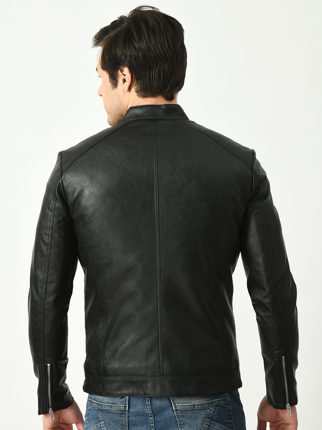 Mandarin Collar Water Resistant Lightweight Leather Biker Black Jacket For Men – view 2
