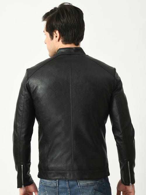 Mandarin Collar Water Resistant Lightweight Leather Biker Black Jacket For Men – view 2