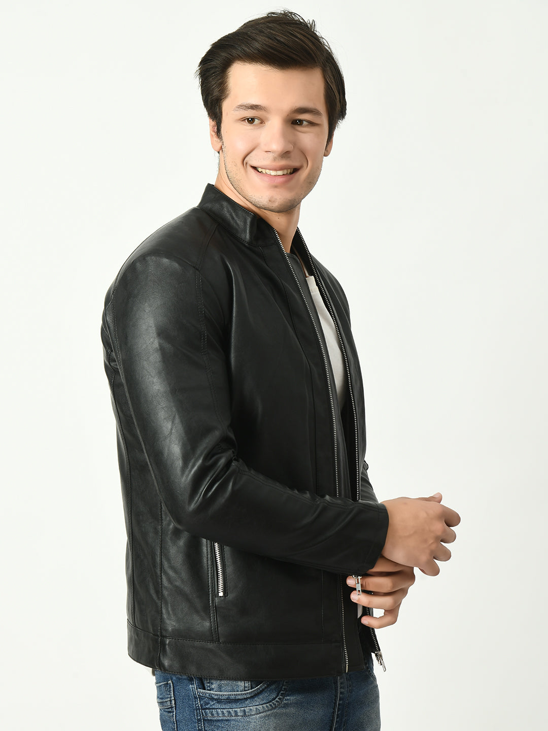 Mandarin Collar Water Resistant Lightweight Leather Biker Black Jacket For Men – view 3