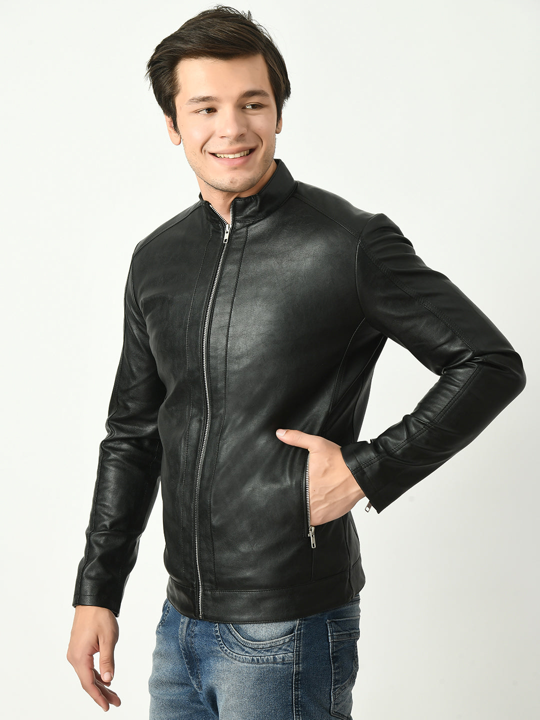 Mandarin Collar Water Resistant Lightweight Leather Biker Black Jacket For Men – view 4