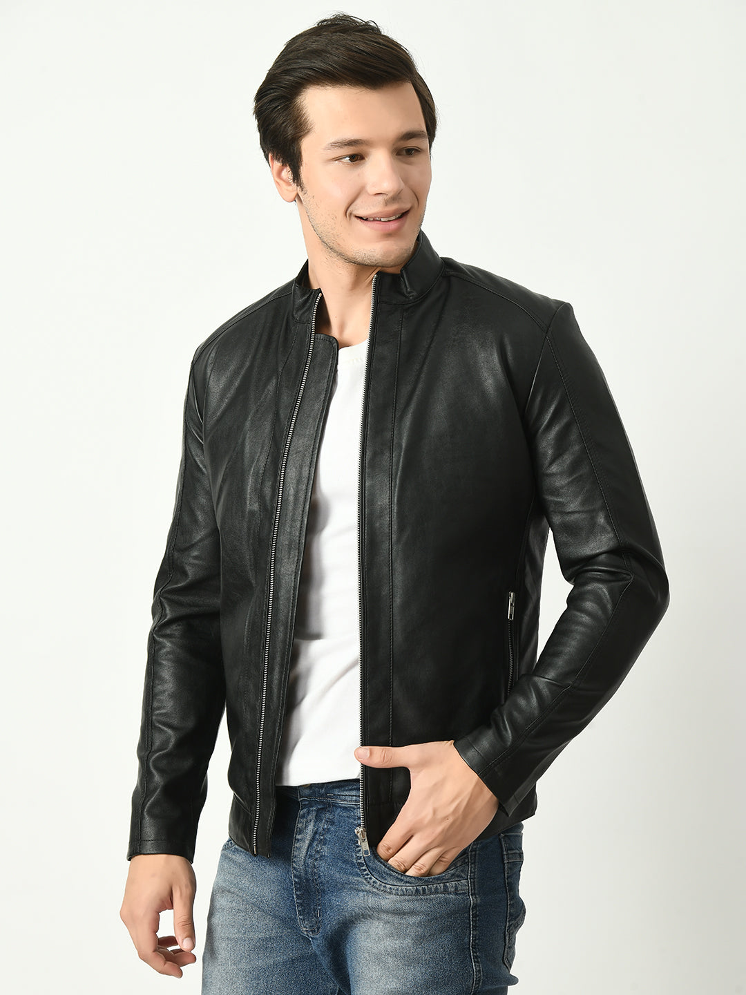 Mandarin Collar Water Resistant Lightweight Leather Biker Black Jacket For Men – view 5