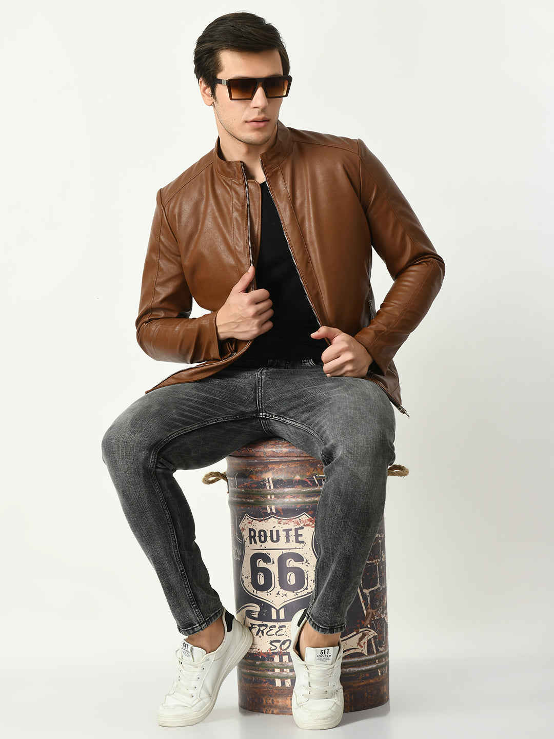 Mandarin Collar Water Resistant Lightweight Leather Biker Tan Jacket For Men – view 11