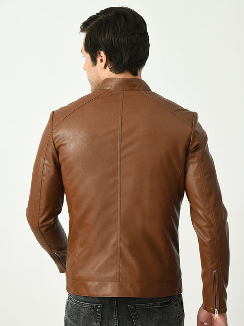 Mandarin Collar Water Resistant Lightweight Leather Biker Tan Jacket For Men – view 2