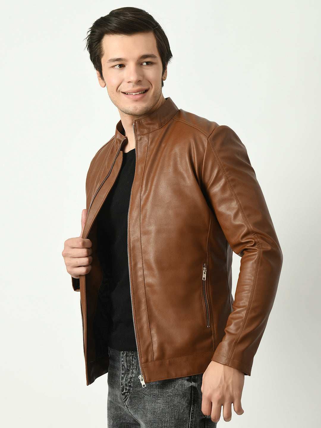 Mandarin Collar Water Resistant Lightweight Leather Biker Tan Jacket For Men – view 3