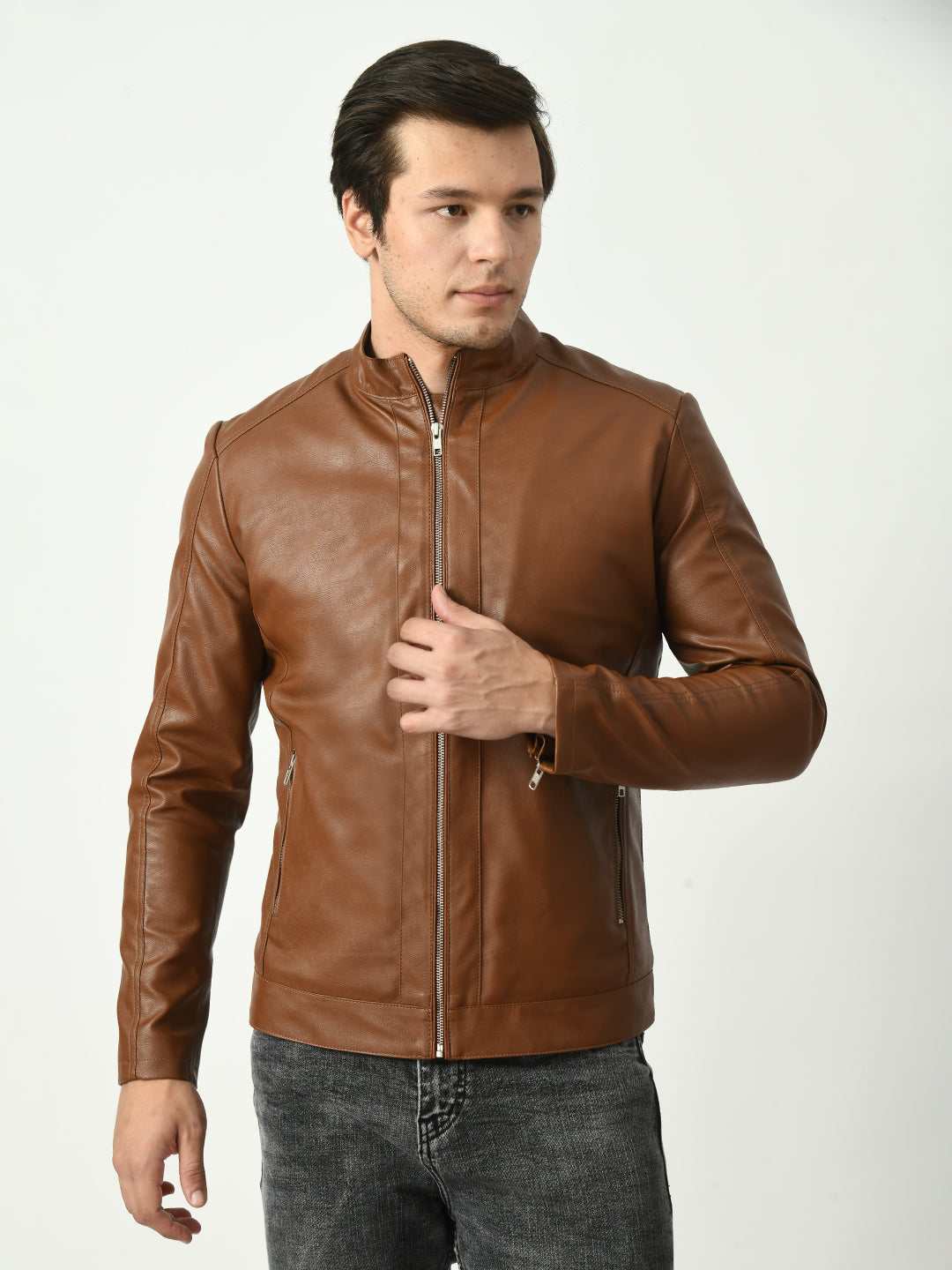 Mandarin Collar Water Resistant Lightweight Leather Biker Tan Jacket For Men – view 4