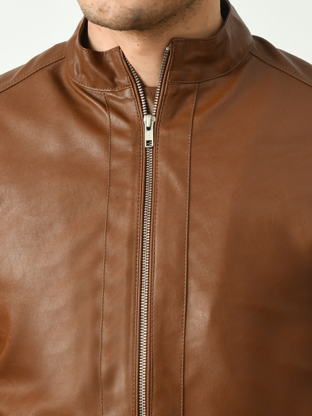 Mandarin Collar Water Resistant Lightweight Leather Biker Tan Jacket For Men – view 5