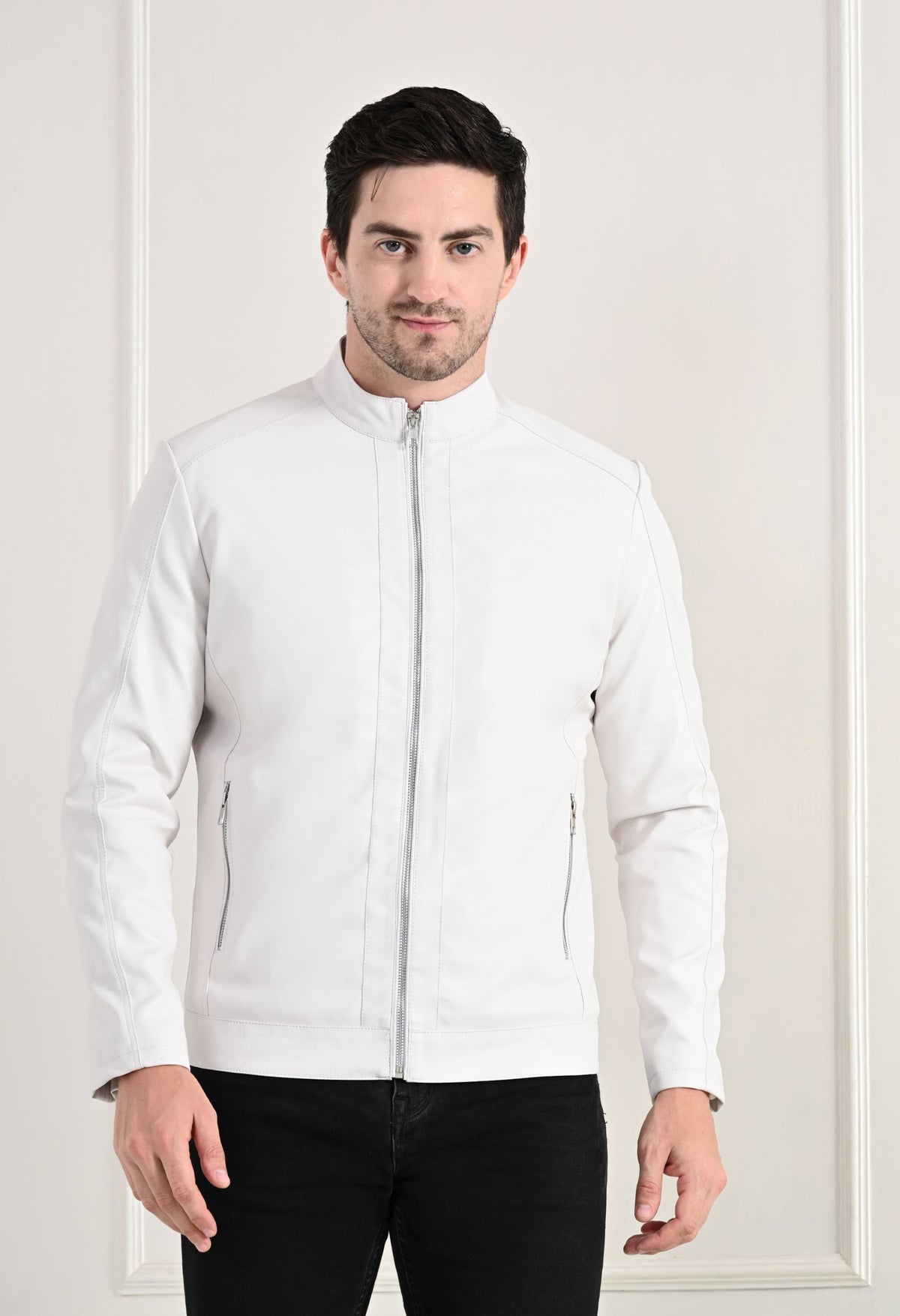 Stand Collar Long Sleeves Classic Look Lightweight White Leather Jacket