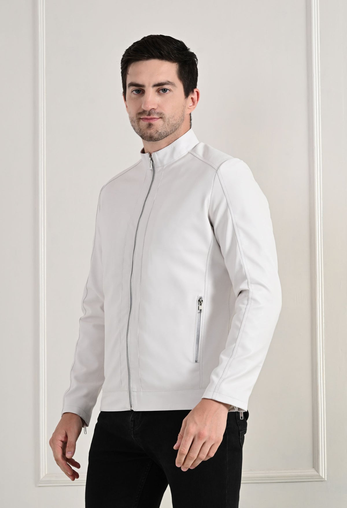 Stand Collar Long Sleeves Classic Look Lightweight White Leather Jacket – view 2