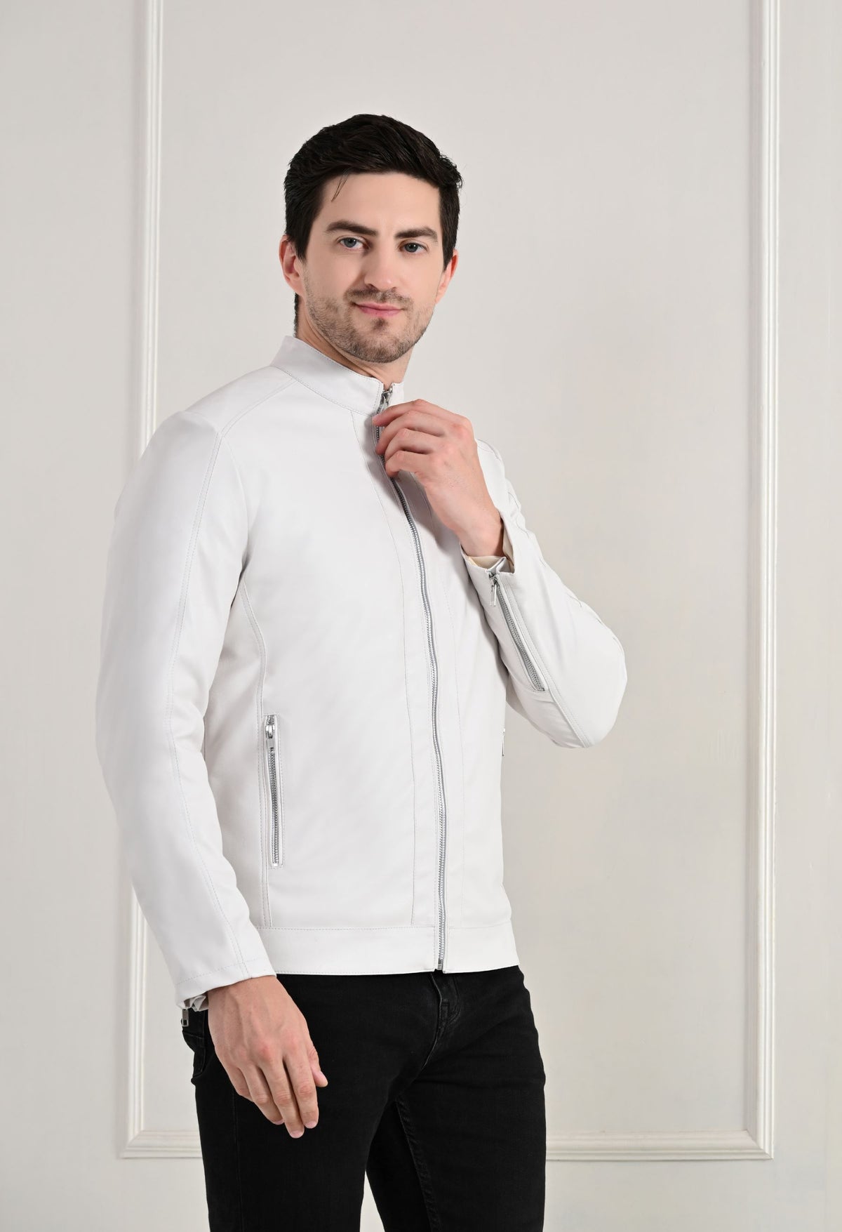 Stand Collar Long Sleeves Classic Look Lightweight White Leather Jacket – view 3