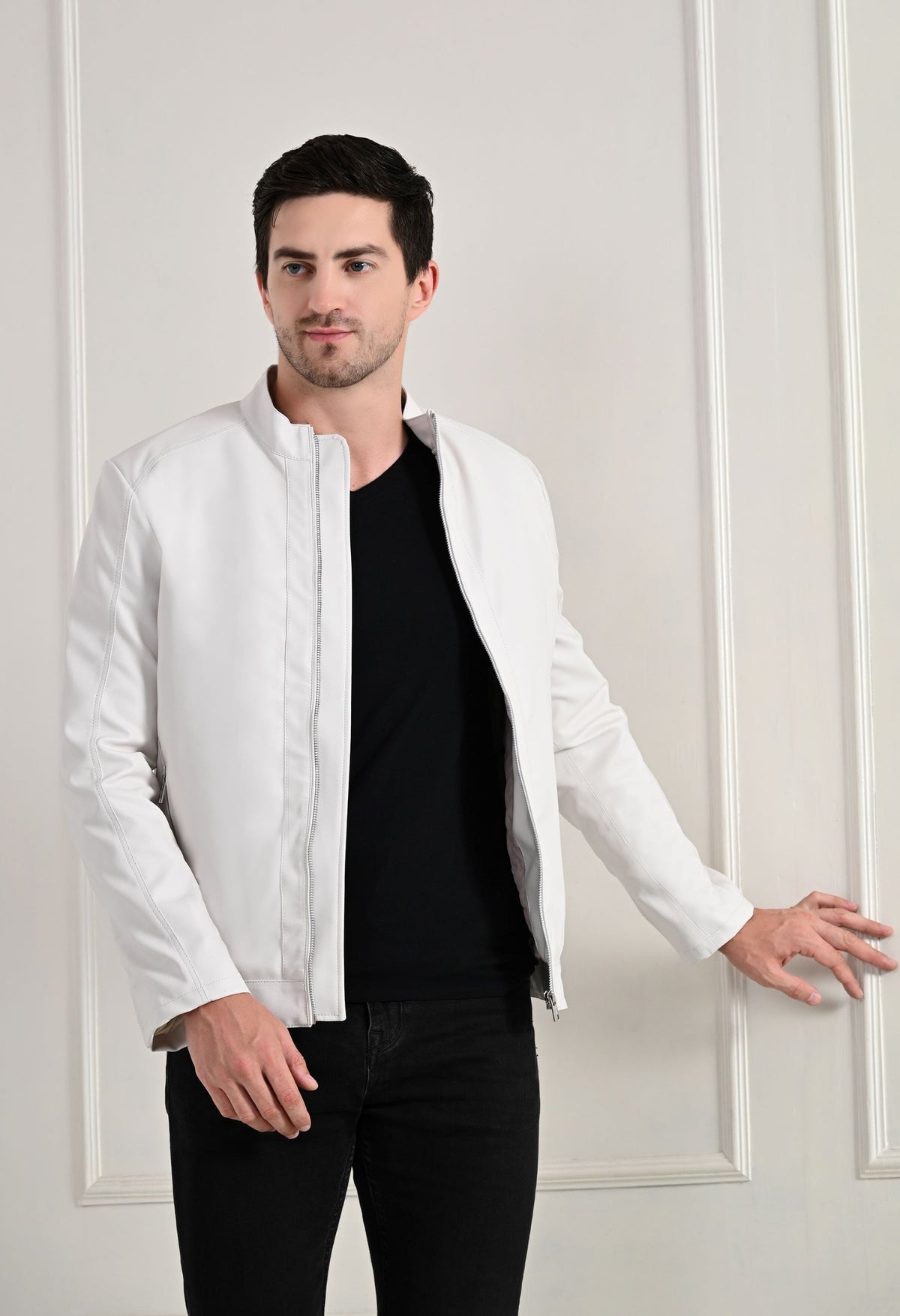 Stand Collar Long Sleeves Classic Look Lightweight White Leather Jacket – view 4