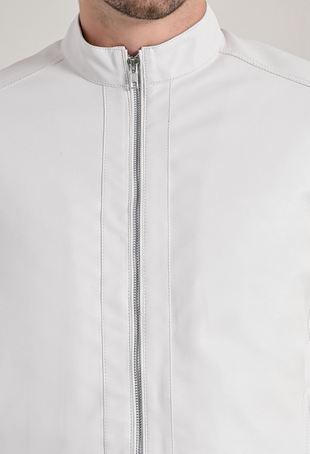 Stand Collar Long Sleeves Classic Look Lightweight White Leather Jacket – view 5