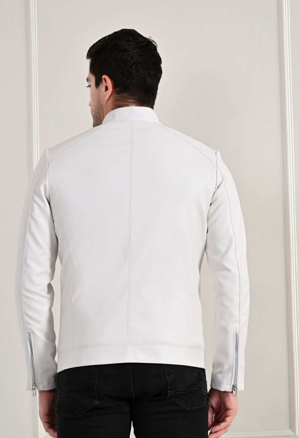 Stand Collar Long Sleeves Classic Look Lightweight White Leather Jacket – view 6