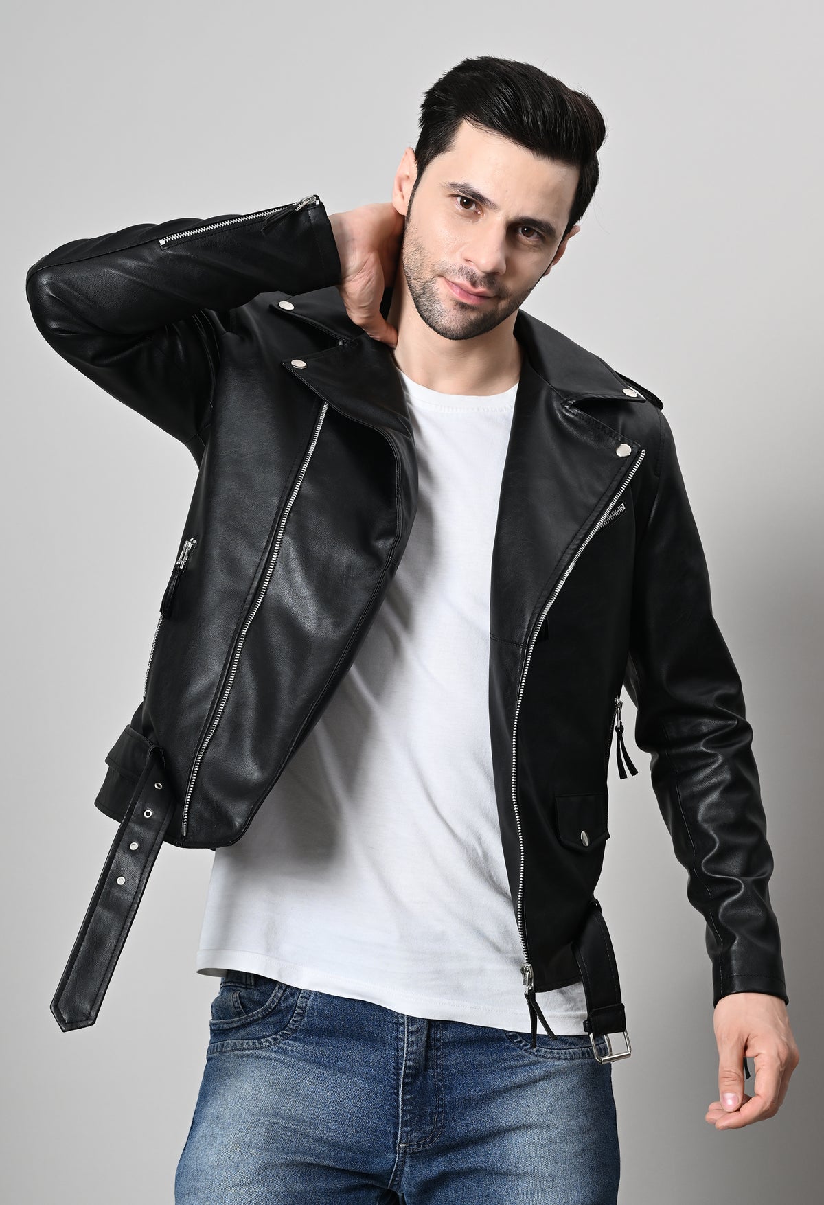 Leather Lightweight Black Biker Jacket For Men – view 2