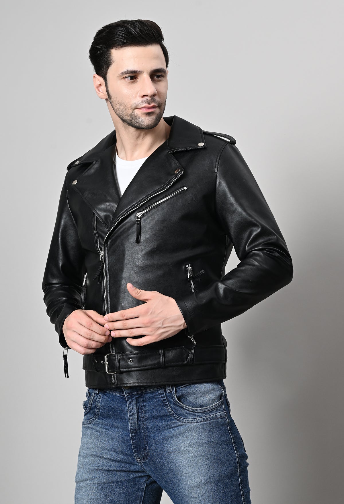Leather Lightweight Black Biker Jacket For Men – view 4