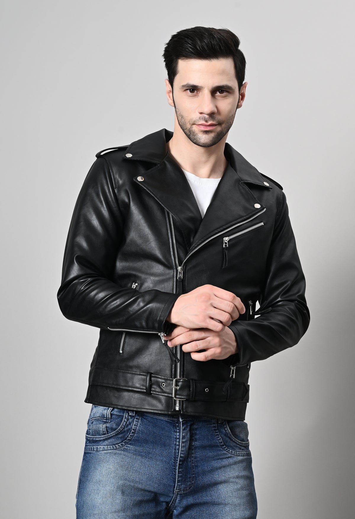 Leather Lightweight Black Biker Jacket For Men – view 5