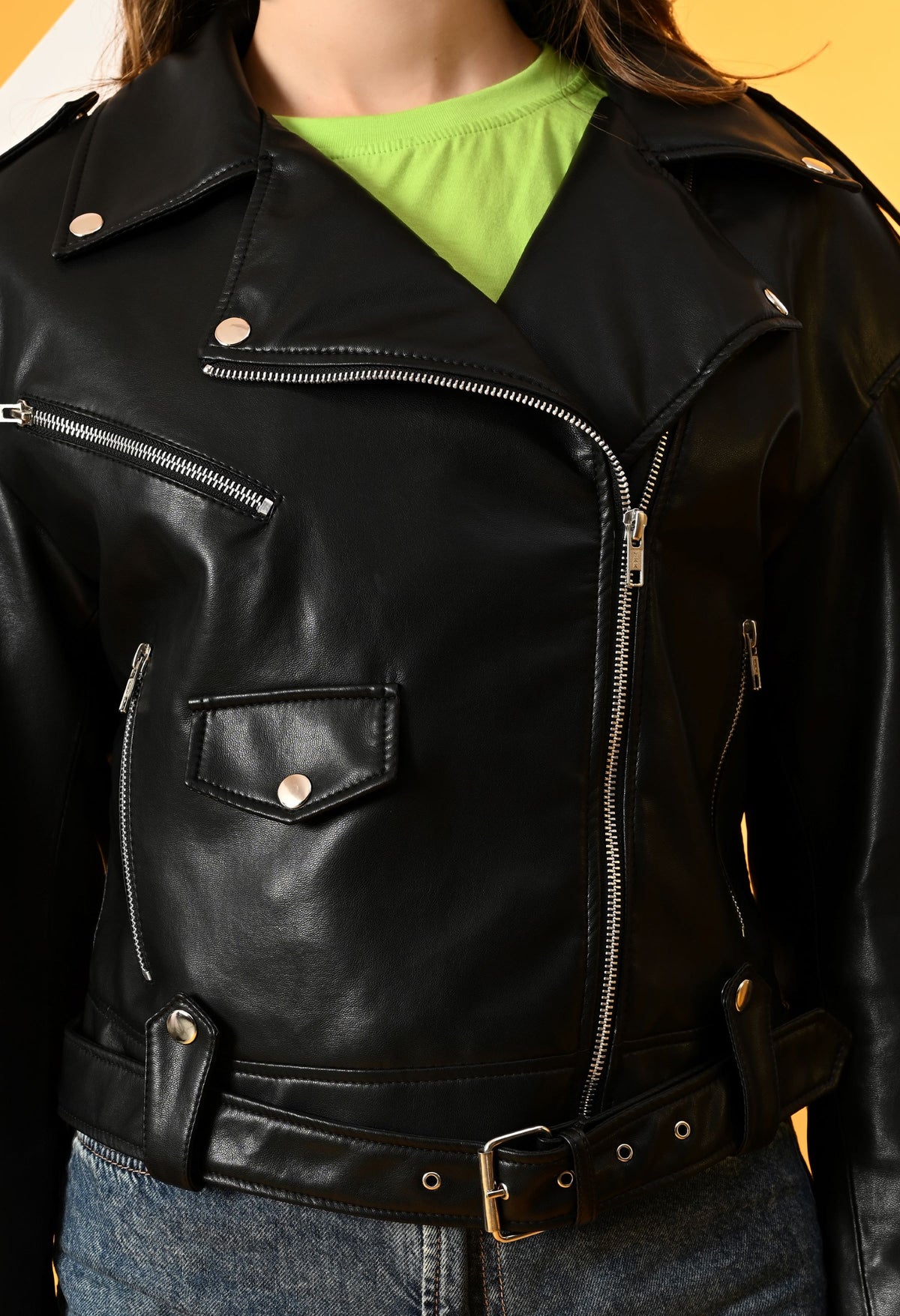 Washed Leather Water Resistant Crop Outdoor Black Tailored Jacket – view 4