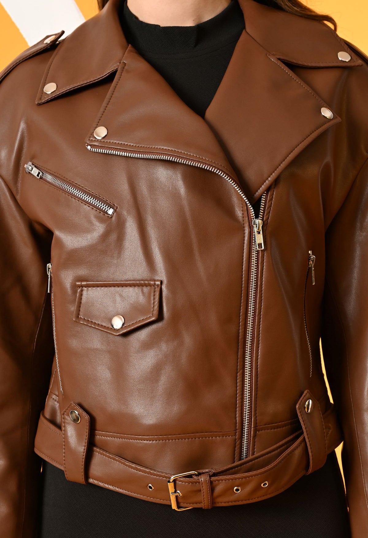 Washed Leather Water Resistant Crop Outdoor Tan Tailored Jacket – view 4
