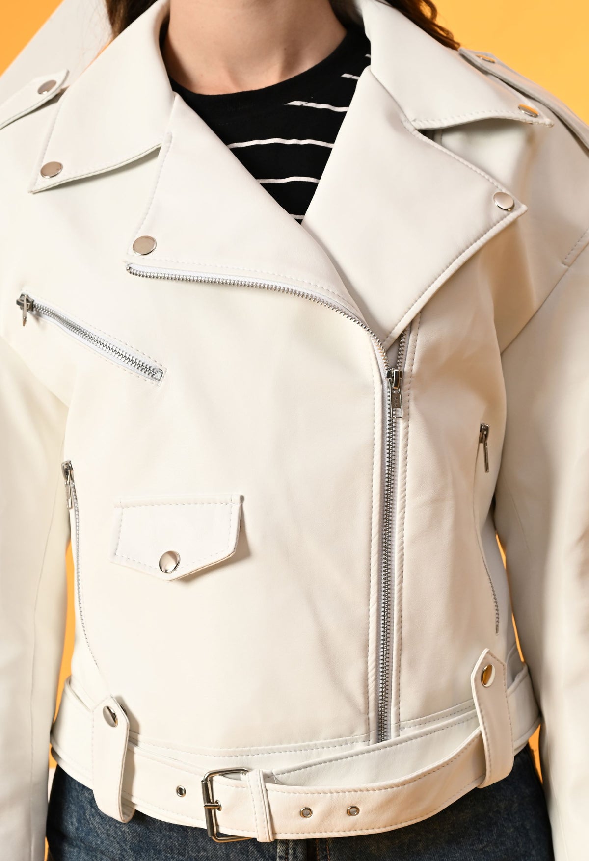Washed Leather Water Resistant Crop Outdoor White Tailored Jacket – view 4