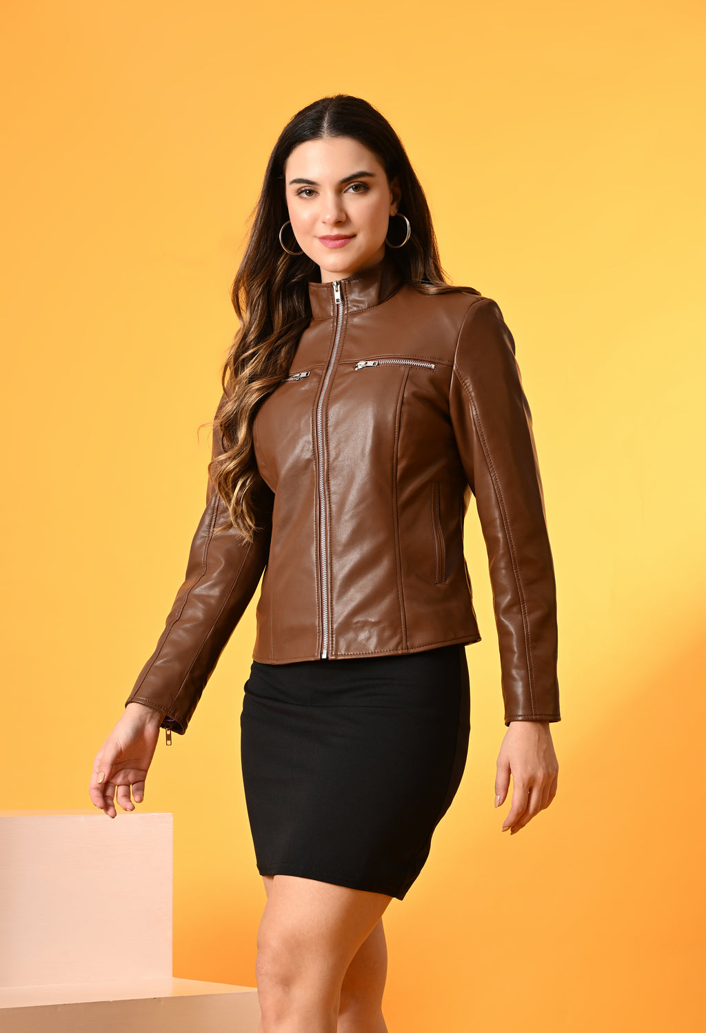 Women Mock Collar Solid Water Resistant Biker Jacket – view 49