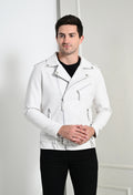 Men Lapel Collar Solid Casual White Biker Jacket