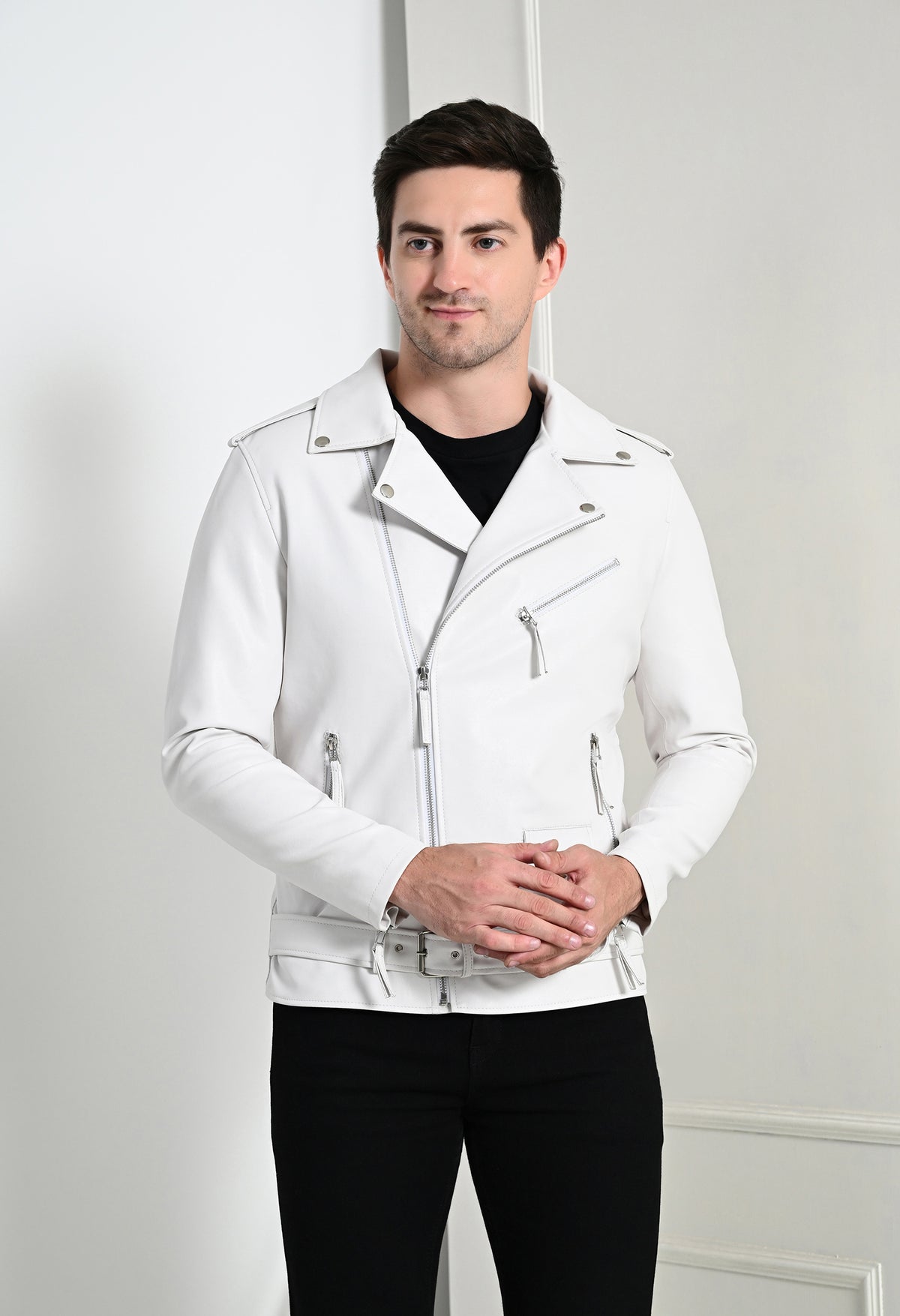 Men Lapel Collar Solid Casual White Biker Jacket