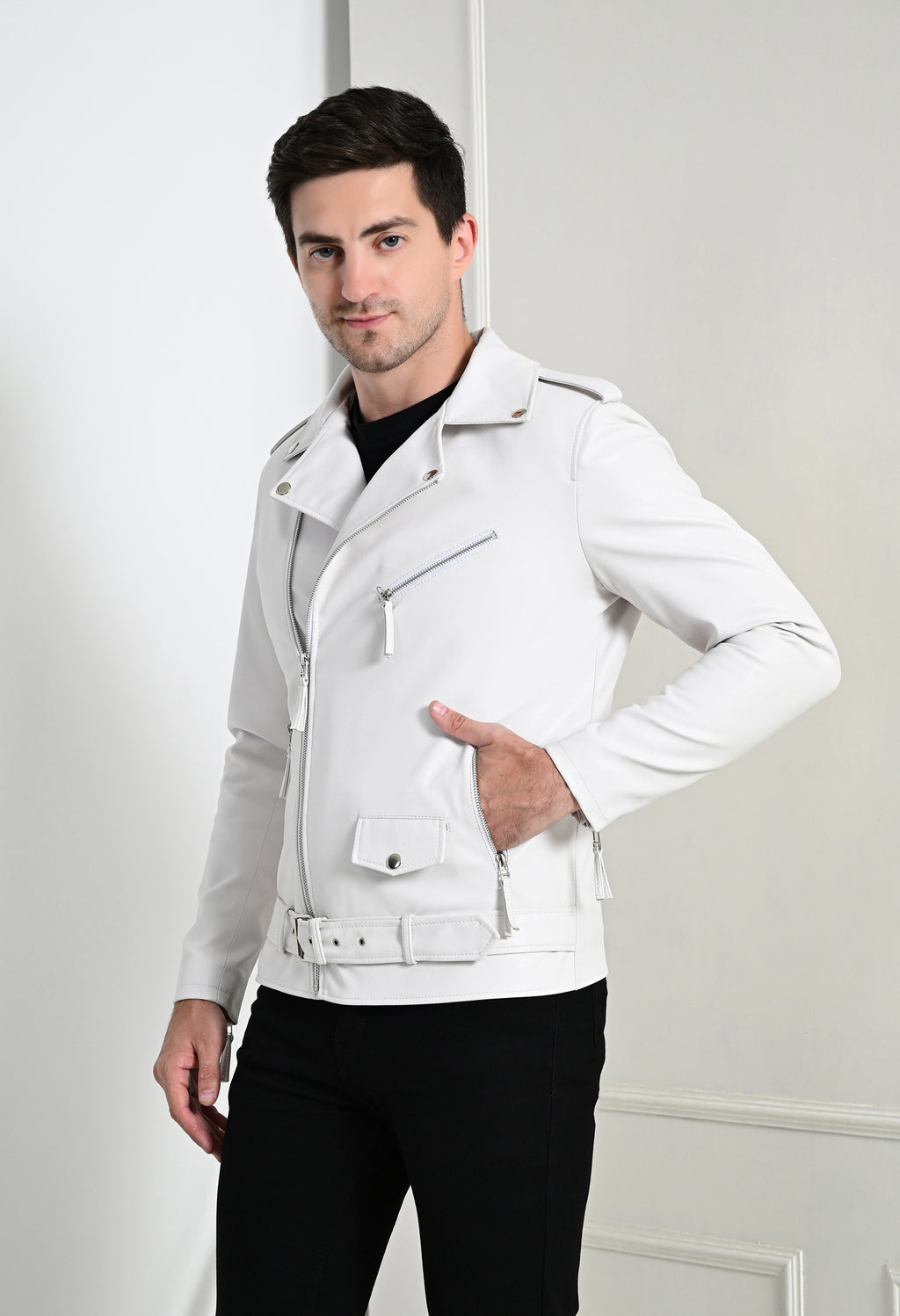Men Lapel Collar Solid Casual White Biker Jacket – view 2