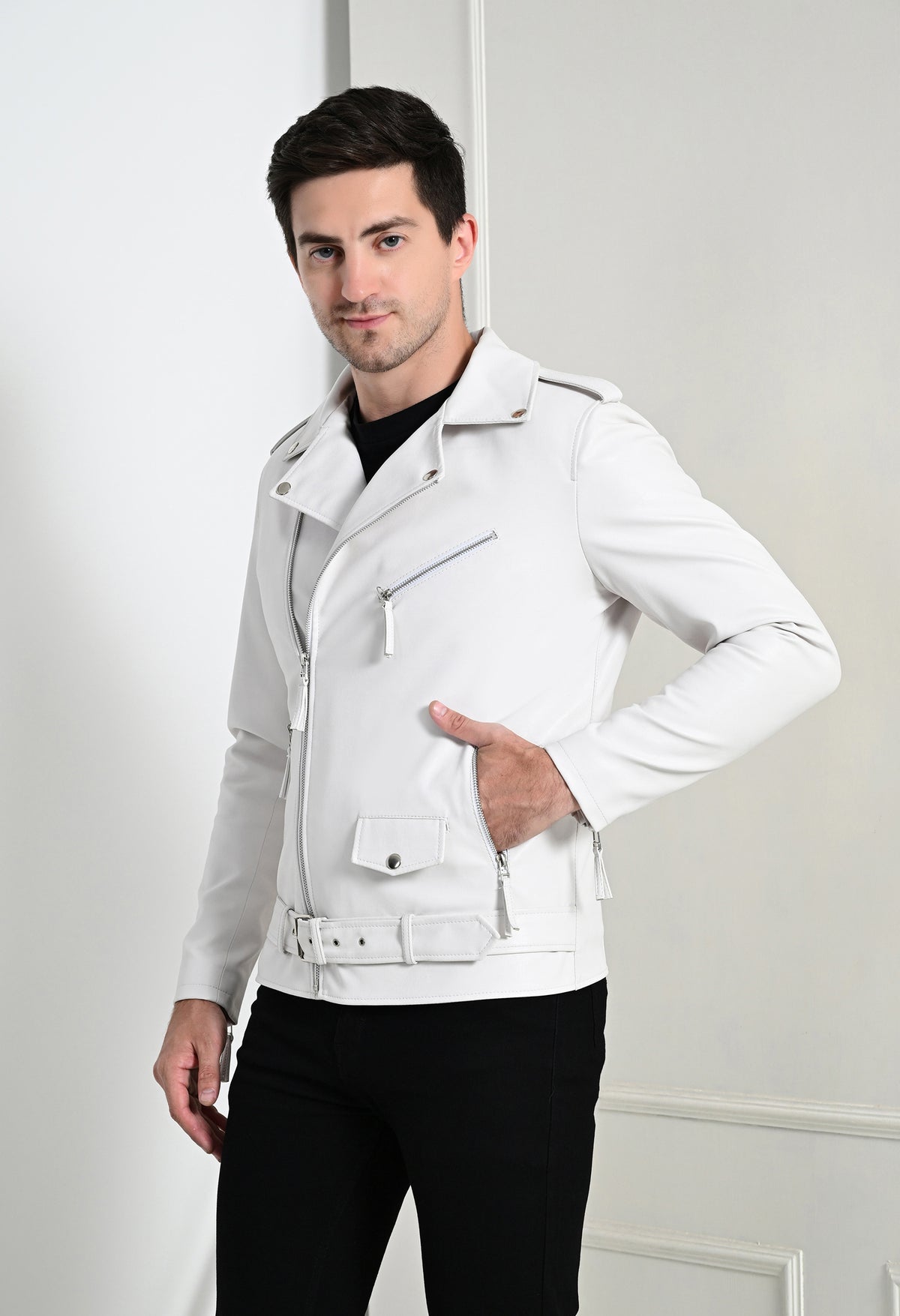 Men Lapel Collar Solid Casual White Biker Jacket – view 2