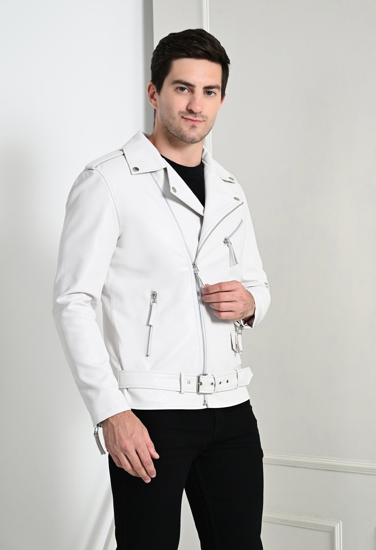 Men Lapel Collar Solid Casual White Biker Jacket – view 3