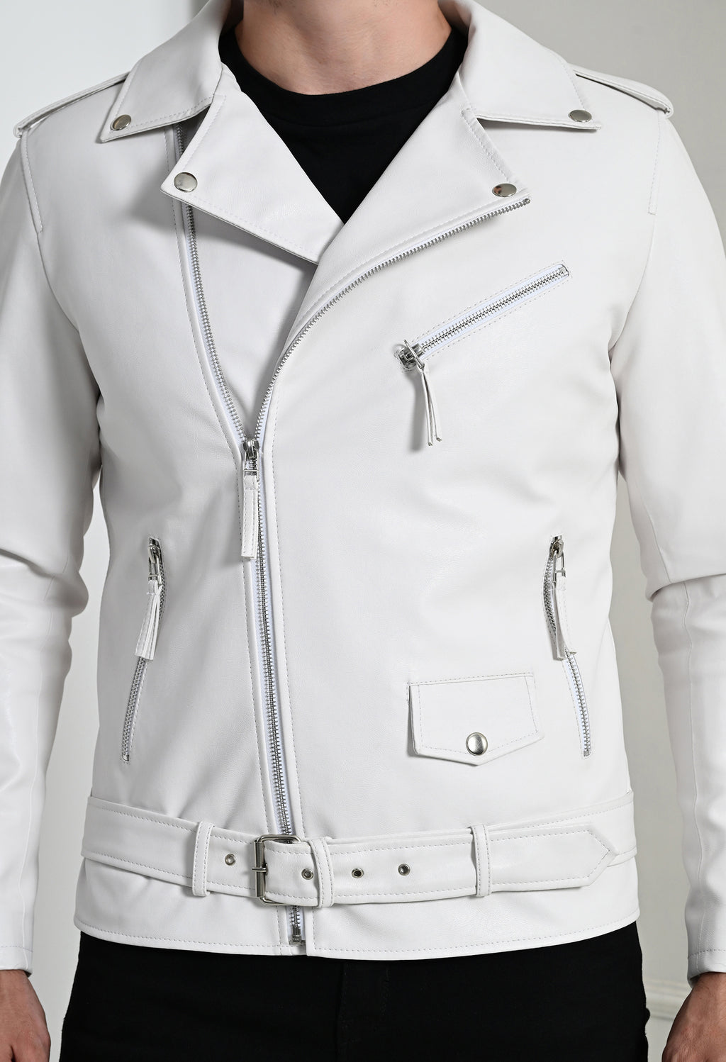 Men Lapel Collar Solid Casual White Biker Jacket – view 4
